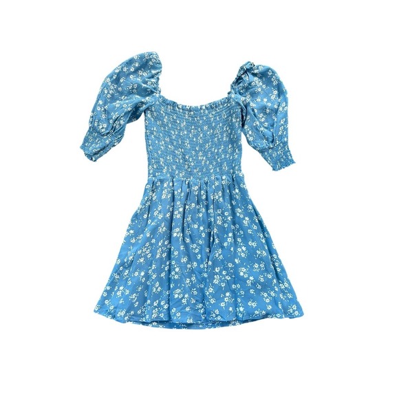 Reformation Elle Blue Floral Smocked Puff Sleeve Square Neck Mini Dress Size 2 - Picture 7 of 10